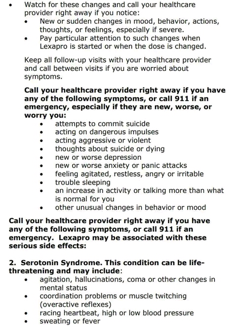 Lexapro antidepressant side effects include depression and thoughts of suicide