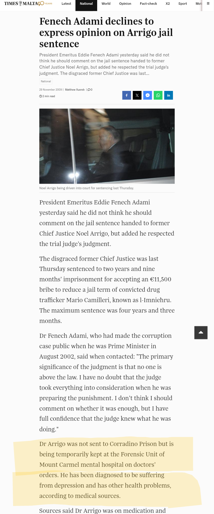 Convicted former Chief Justice Noel Arrigo diagnosed of suffering from depression
