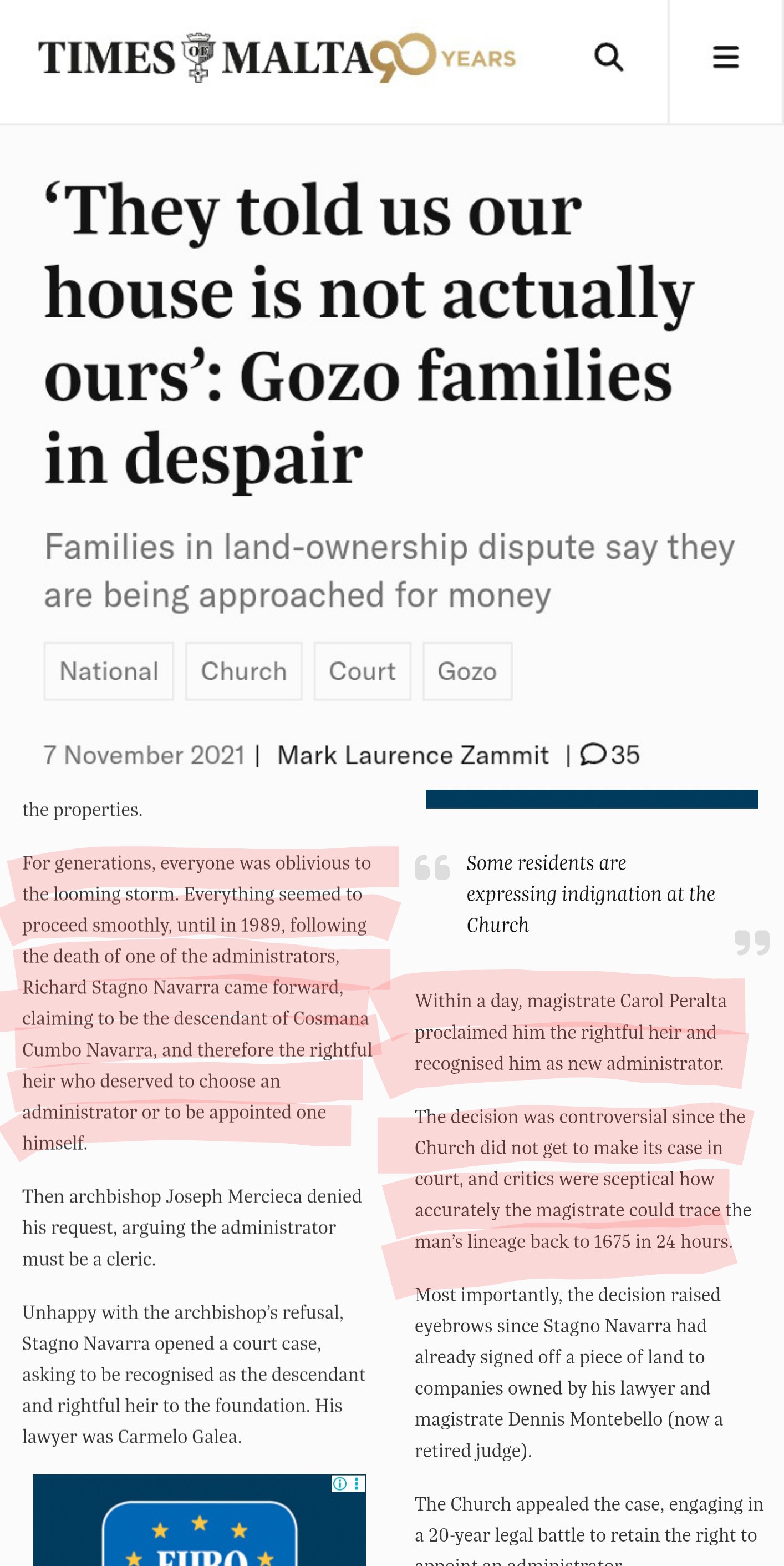 Gozo families in despair, in land-ownership dispute: Within a day, magistrate Carol Peralta proclaimed Stagno Navarro the rightful heir and recognised him as new administrator