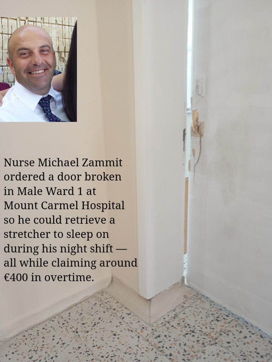 Nurse Michael Zammit ordered a door broken so he could retrieve a stretcher to sleep on during his night shift
