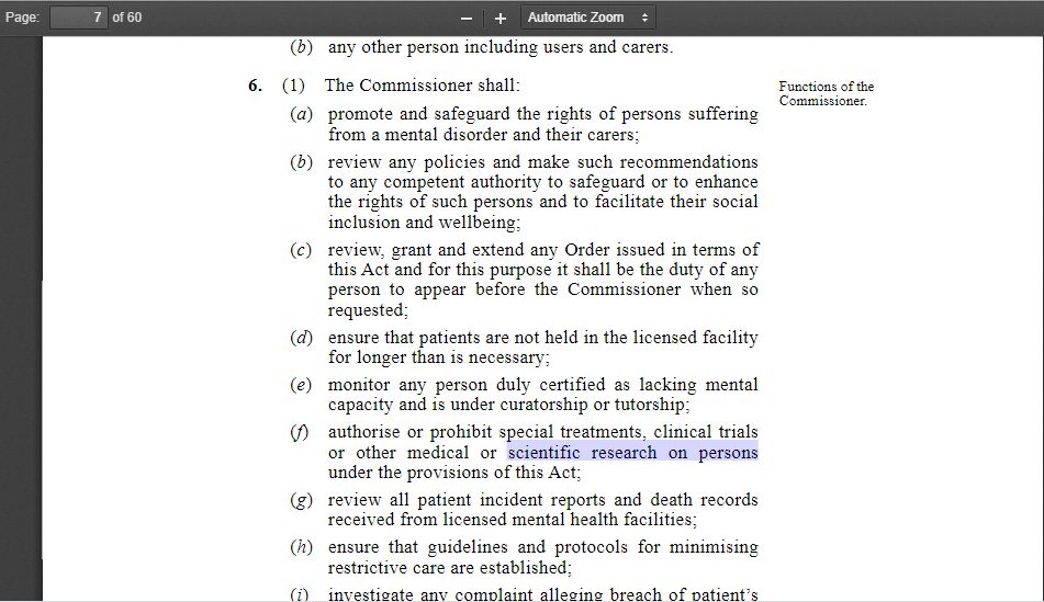 Mental Health Act: Commissioner authorise ... scientific research on persons